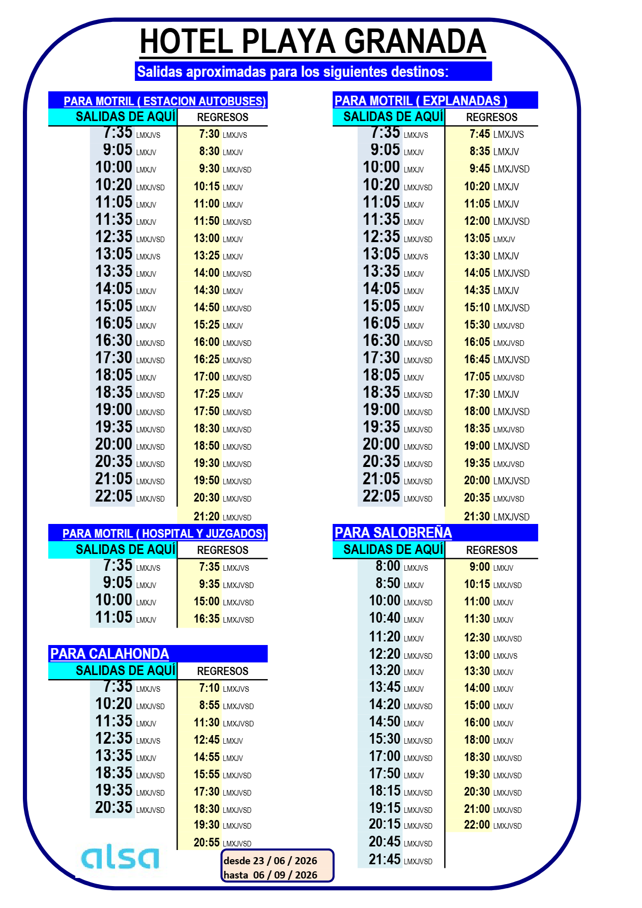 HORARIOS PLAYA GRANADA